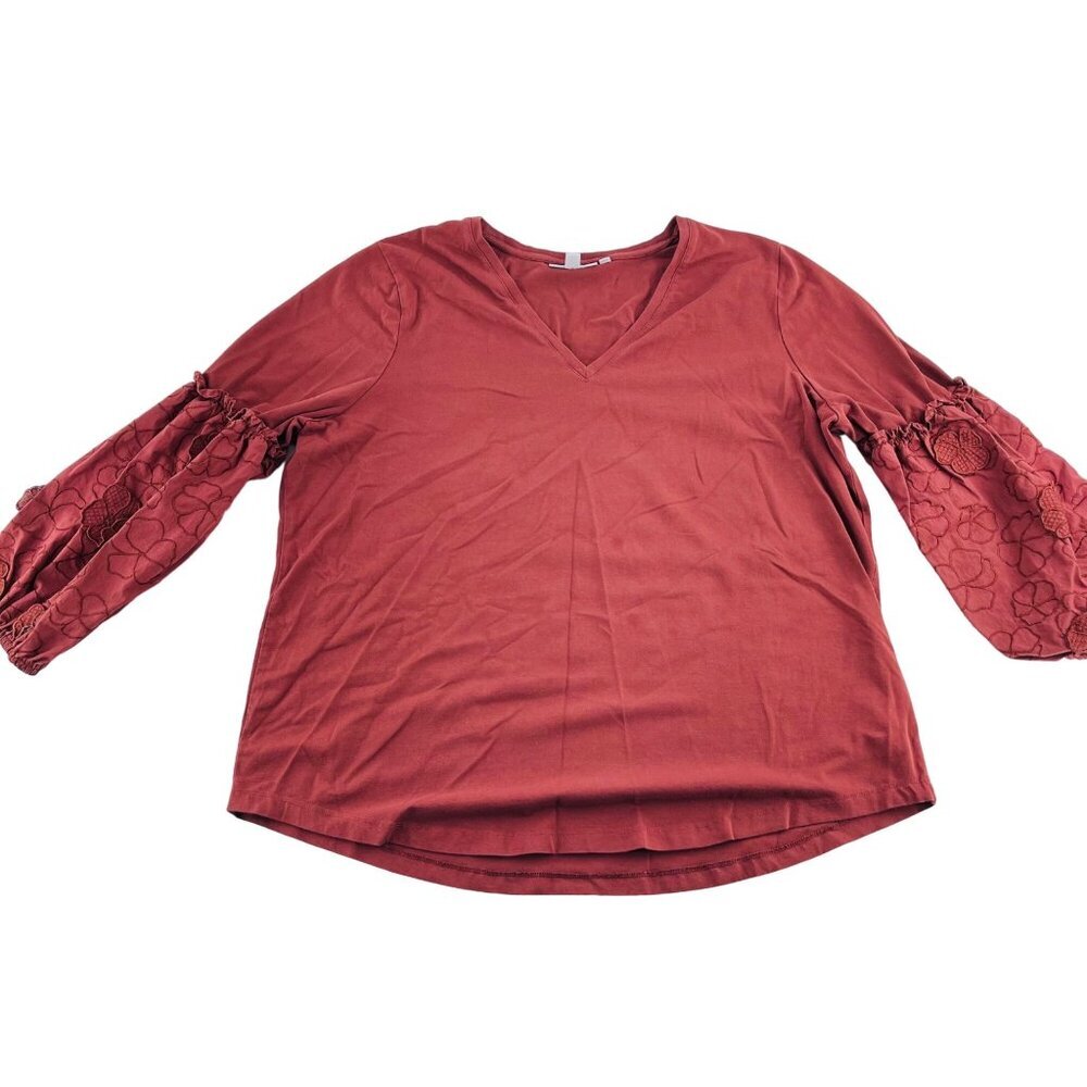Chicos Womens Rust V-Neck Long Sleeve‎ Top Size XL 100% Cotton